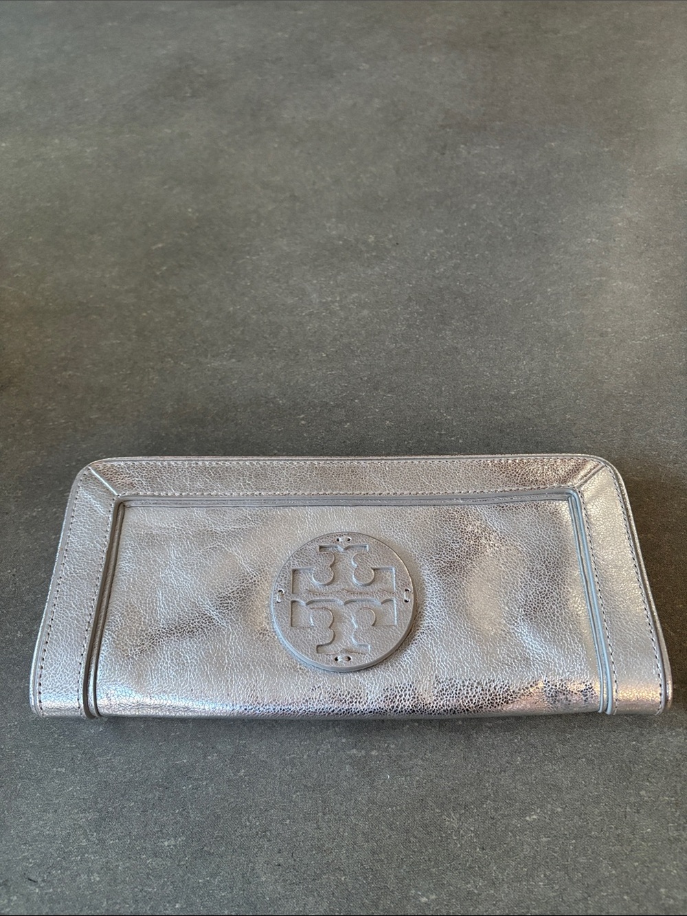Tory Burch Metallic Silver Leather Zip-Around Clutch Wallet
